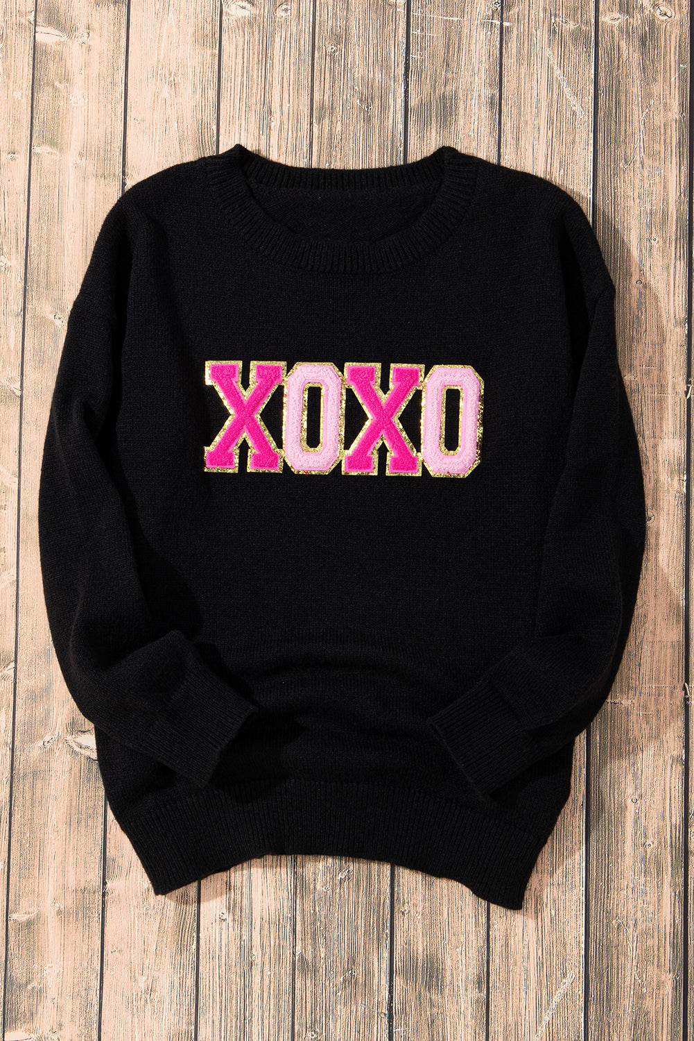 White XOXO Chenille Letter Round Neck Casual Sweater