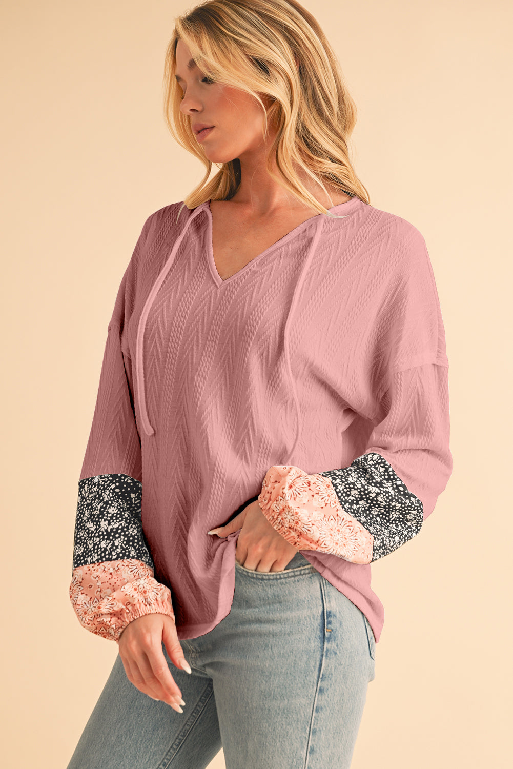 Dusty Pink Floral Patchwork Textured Drawstring V Neck Top