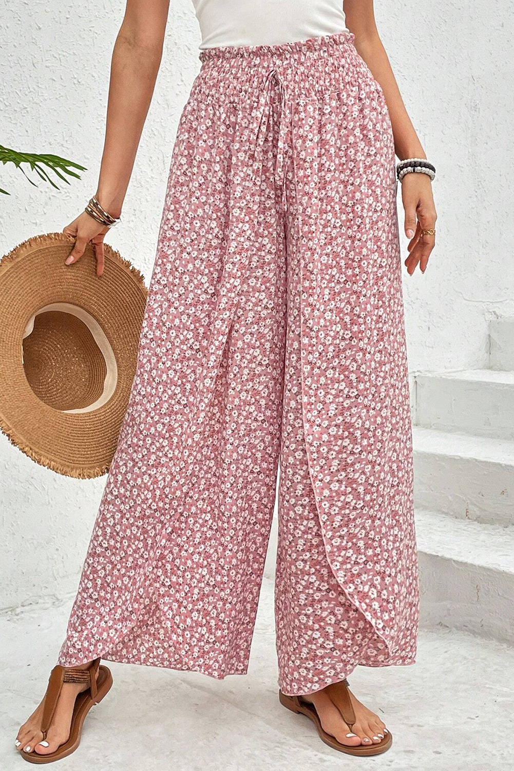 Black Floral Shirred Side Slit Wide Leg Pants