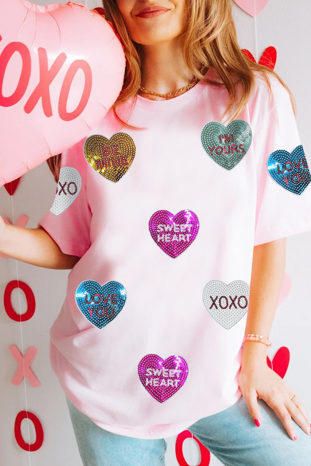 Pink Sequin Valentines Heart Patched Graphic Crewneck T Shirt