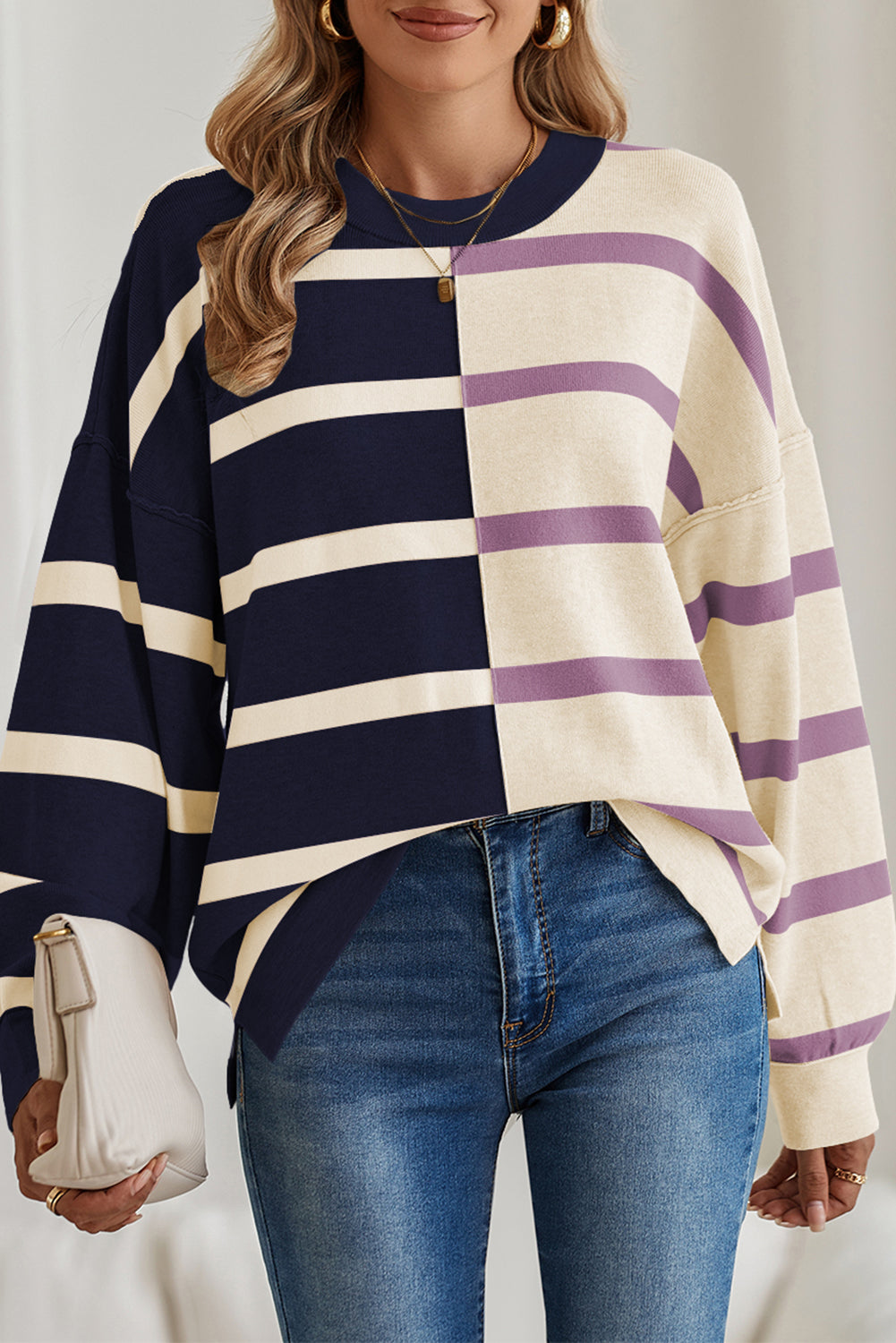 Blue Stripe Exposed Seam Patchwork Loose Sweatshirts