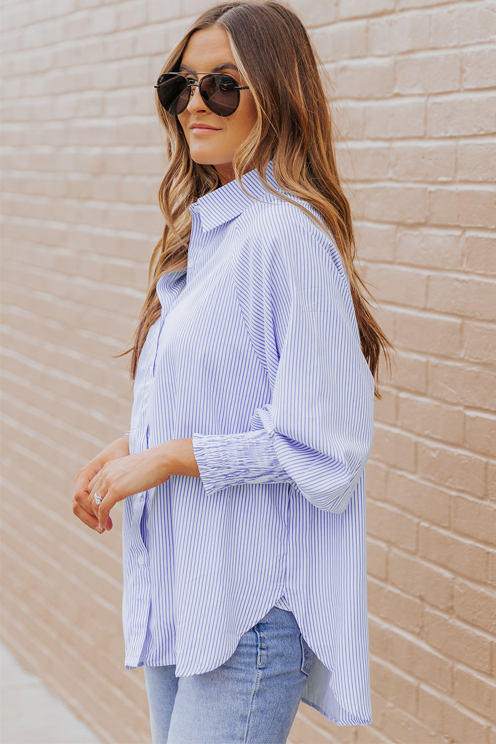 Light Blue Casual Striped Shirred Cuffs Shirt