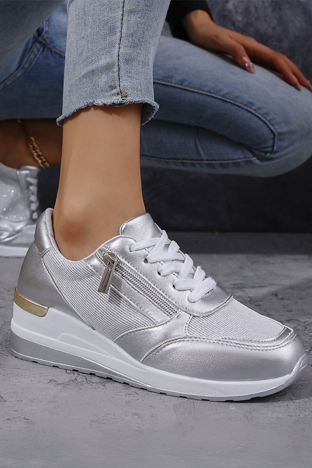 Gold PU Leather Patchwork Zipper Lace Up Sneakers