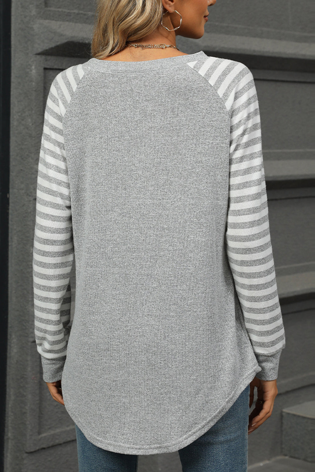 Light Grey Stripe Raglan Sleeve Round Neck Top