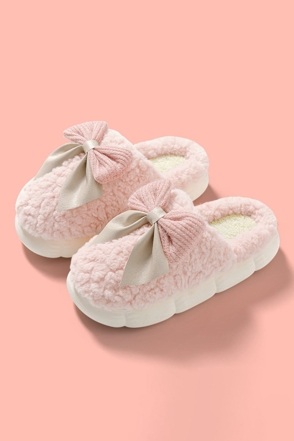 Camel Contrast Bowknot Applique Plush Winter Slippers