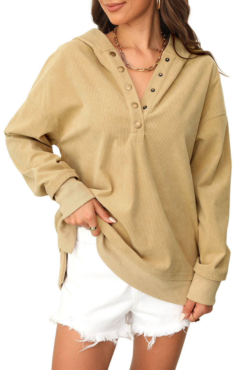 Simply Taupe Solid Ribbed Knit Buttoned Drop Shoulder Oversized Hoodie