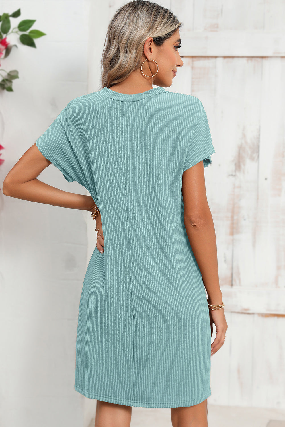 Blue Ribbed Chest Pocket Casual T Shirt Dress