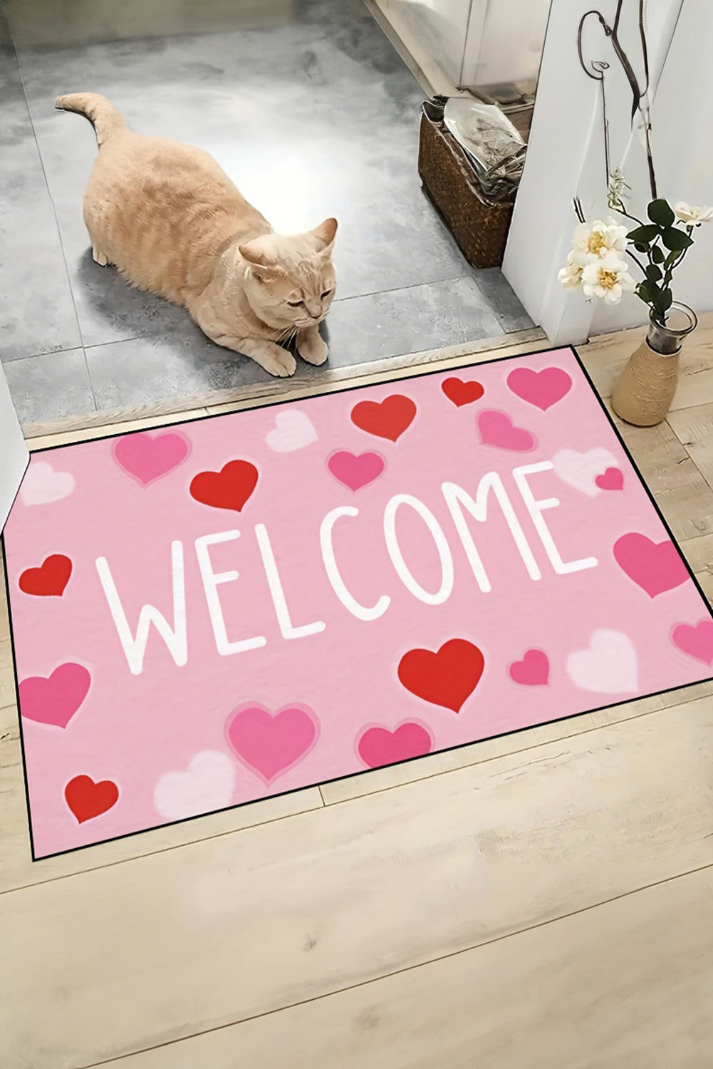 Pink Valentines Heart Pattern WELCOME Printed Non-Slip Door Mat