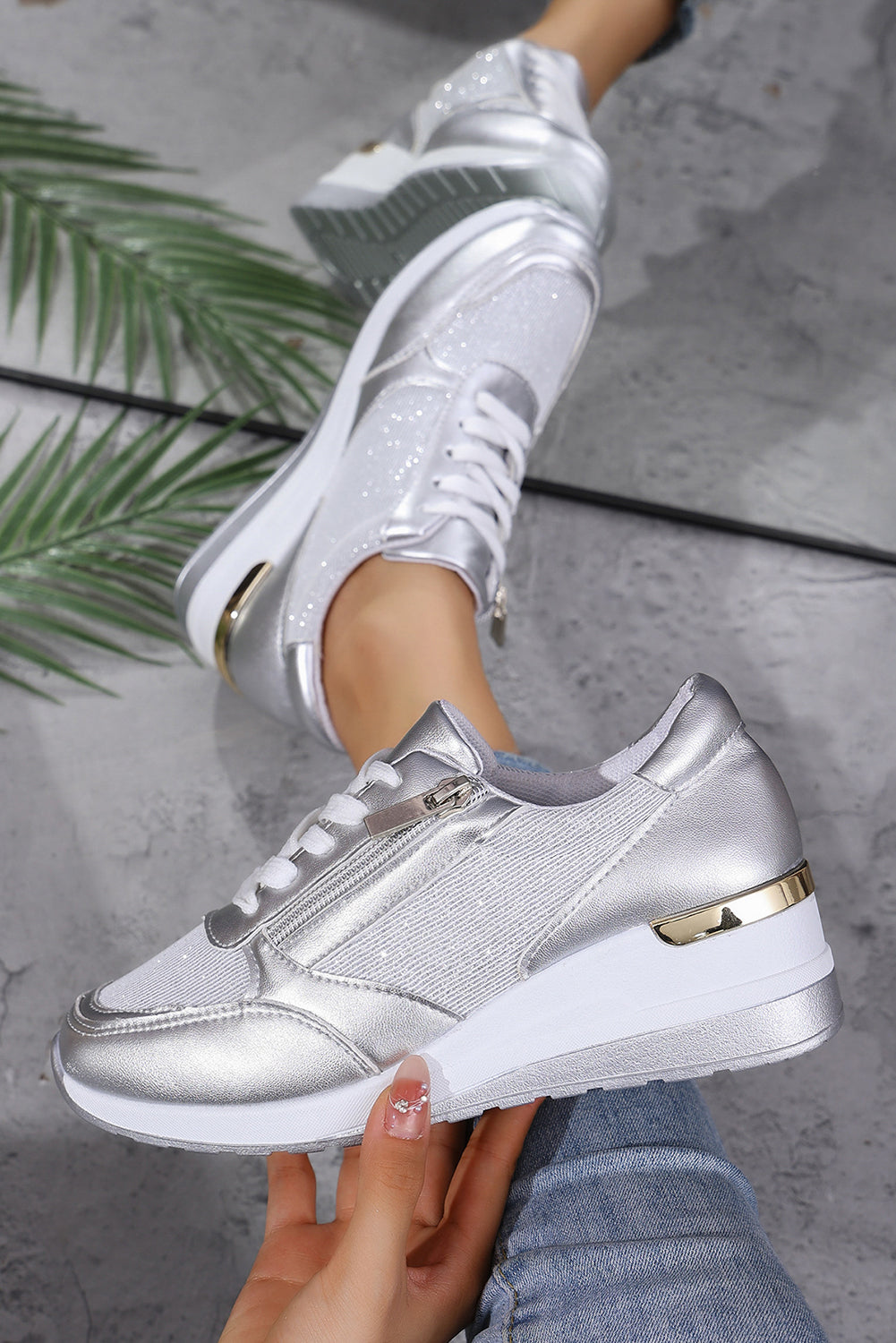 Gold PU Leather Patchwork Zipper Lace Up Sneakers