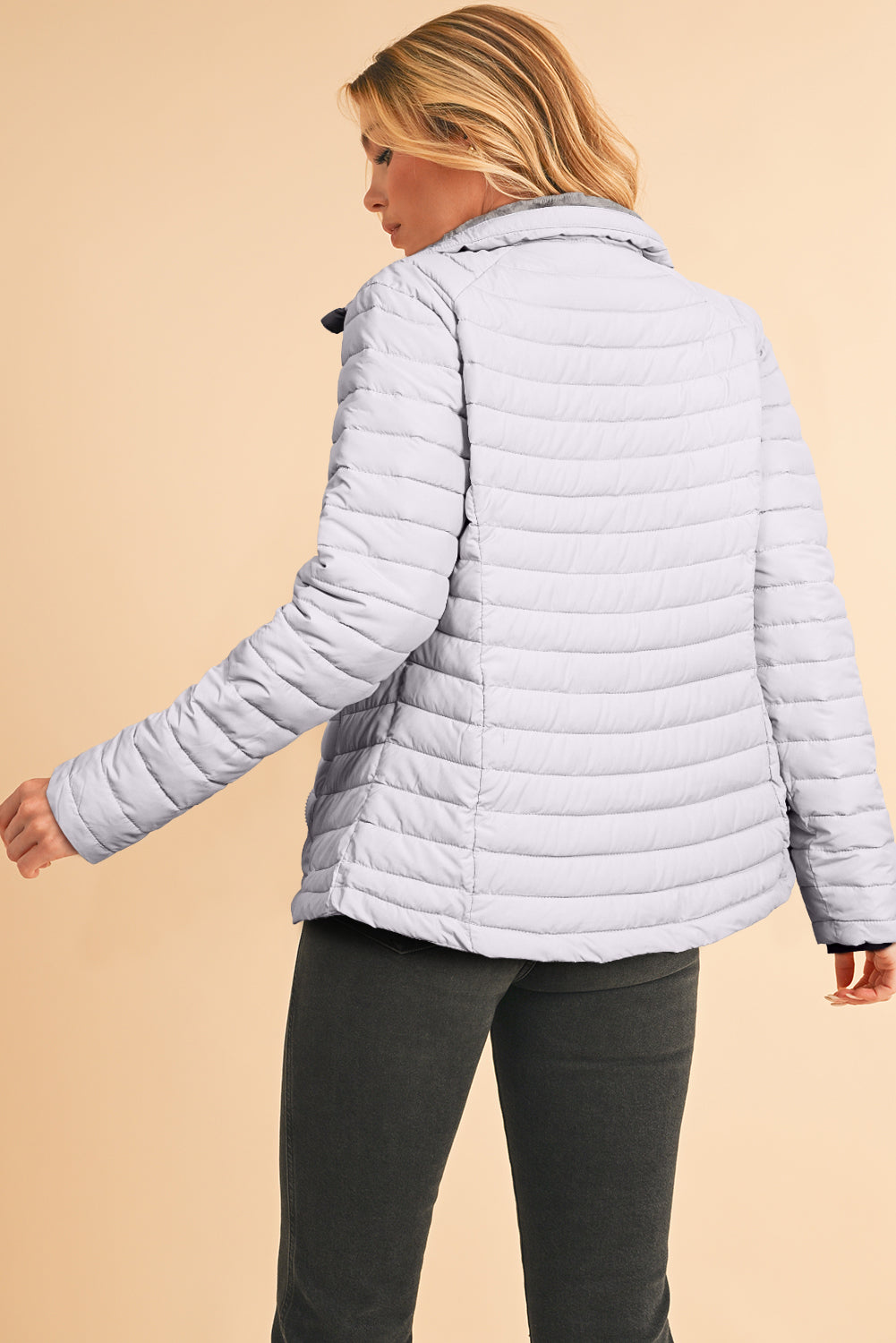 Silvery Solid Color Quilted Zip-up Puffer Jacket