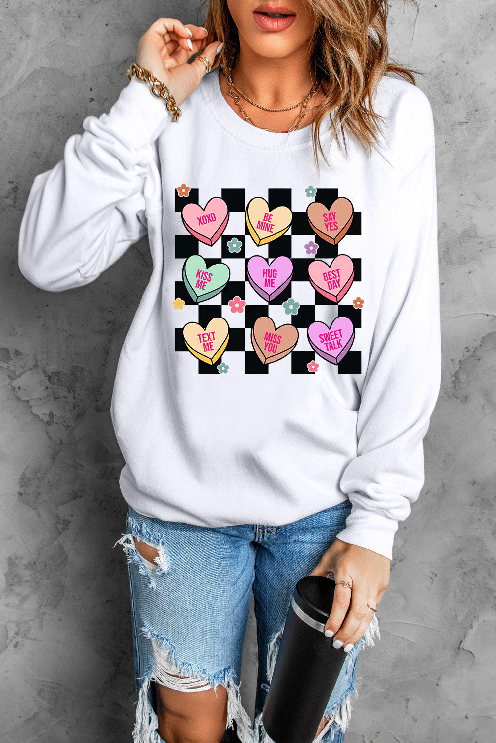 White Checkered Heart Flower Graphic Valentines Crewneck Sweatshirt