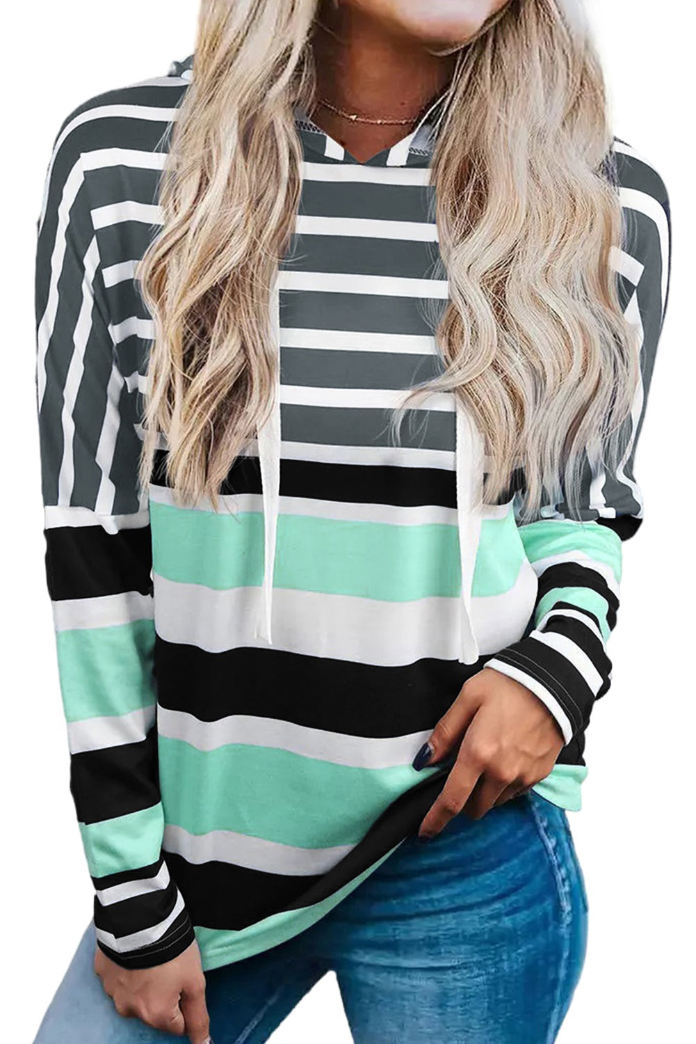 Multicolor Striped Drawstring Pullover Hoodie