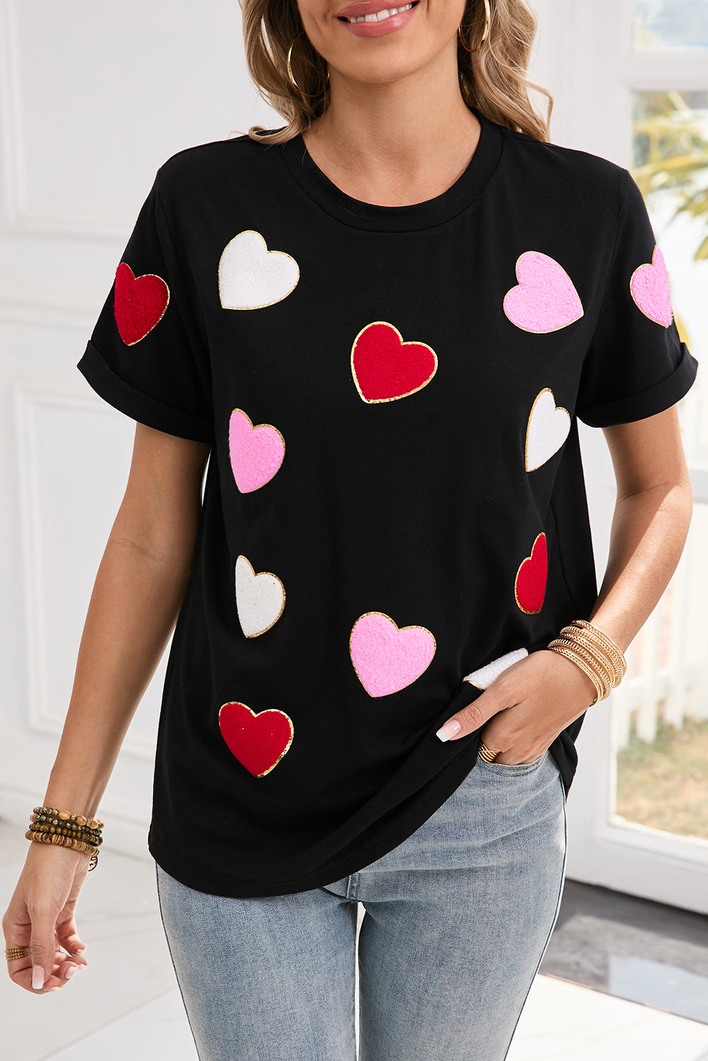 Black Valentines Chenille Heart Patched Pattern Crewneck Tee