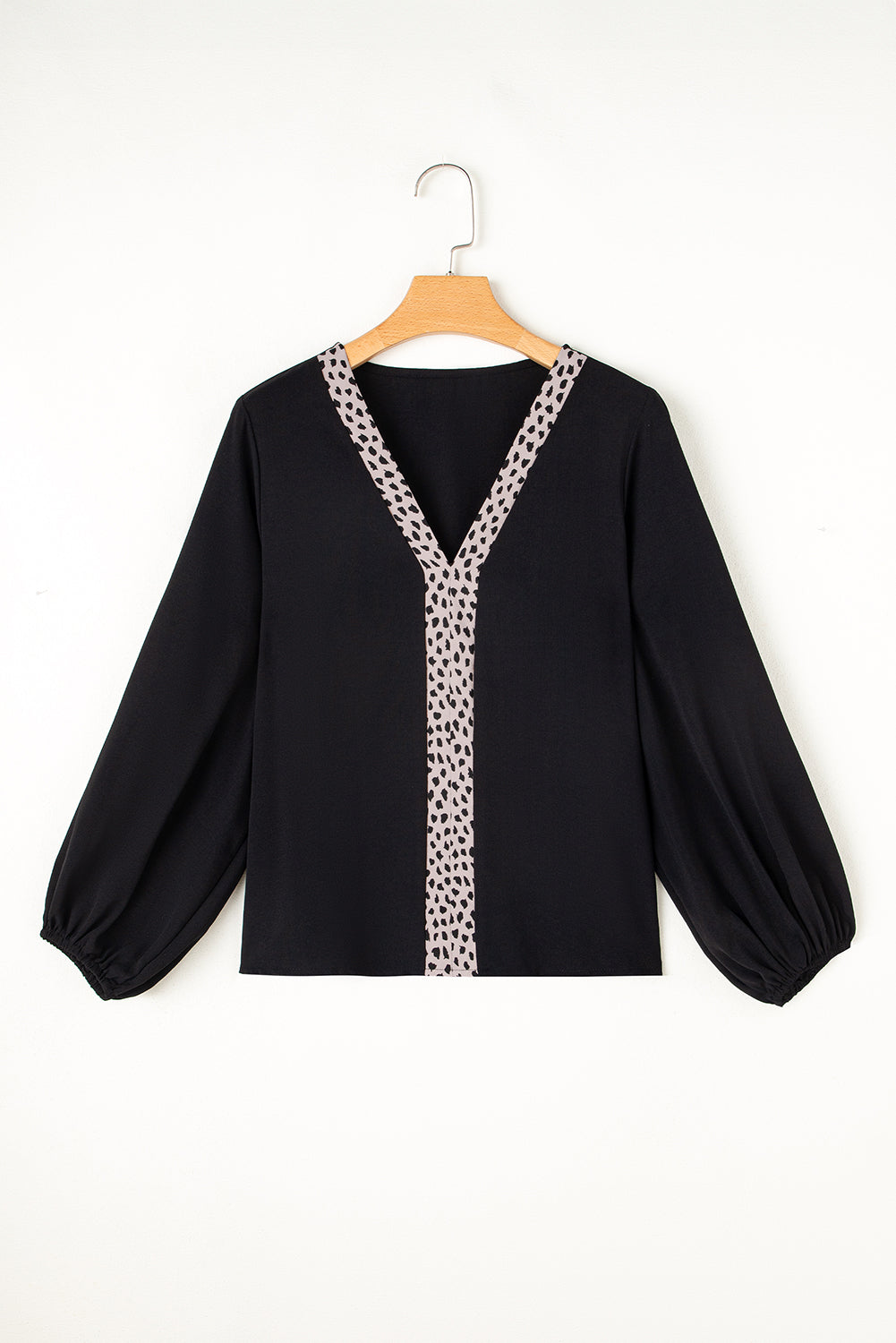 Black Leopard Patchwork V-neck Blouse