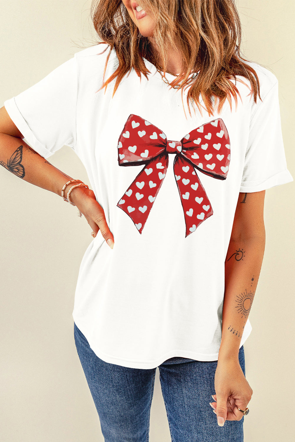 White Heart Bow Printed Crewneck Valentines T Shirt