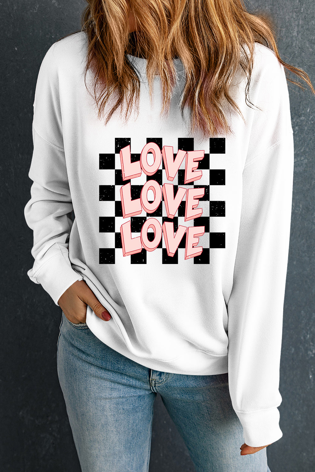 White Checkerboard LOVE Print Graphic Valentines Sweatshirt