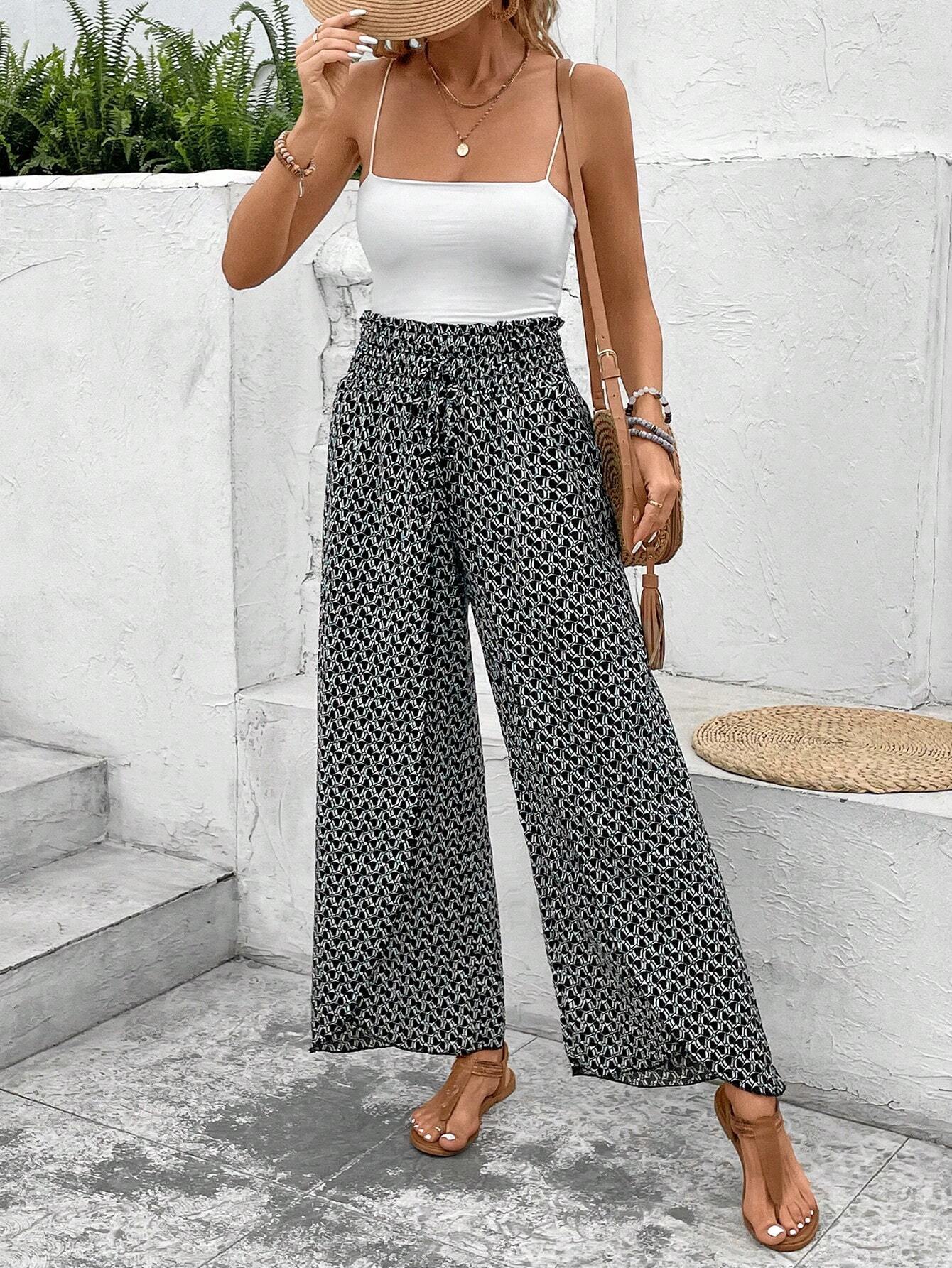 Black Floral Shirred Side Slit Wide Leg Pants