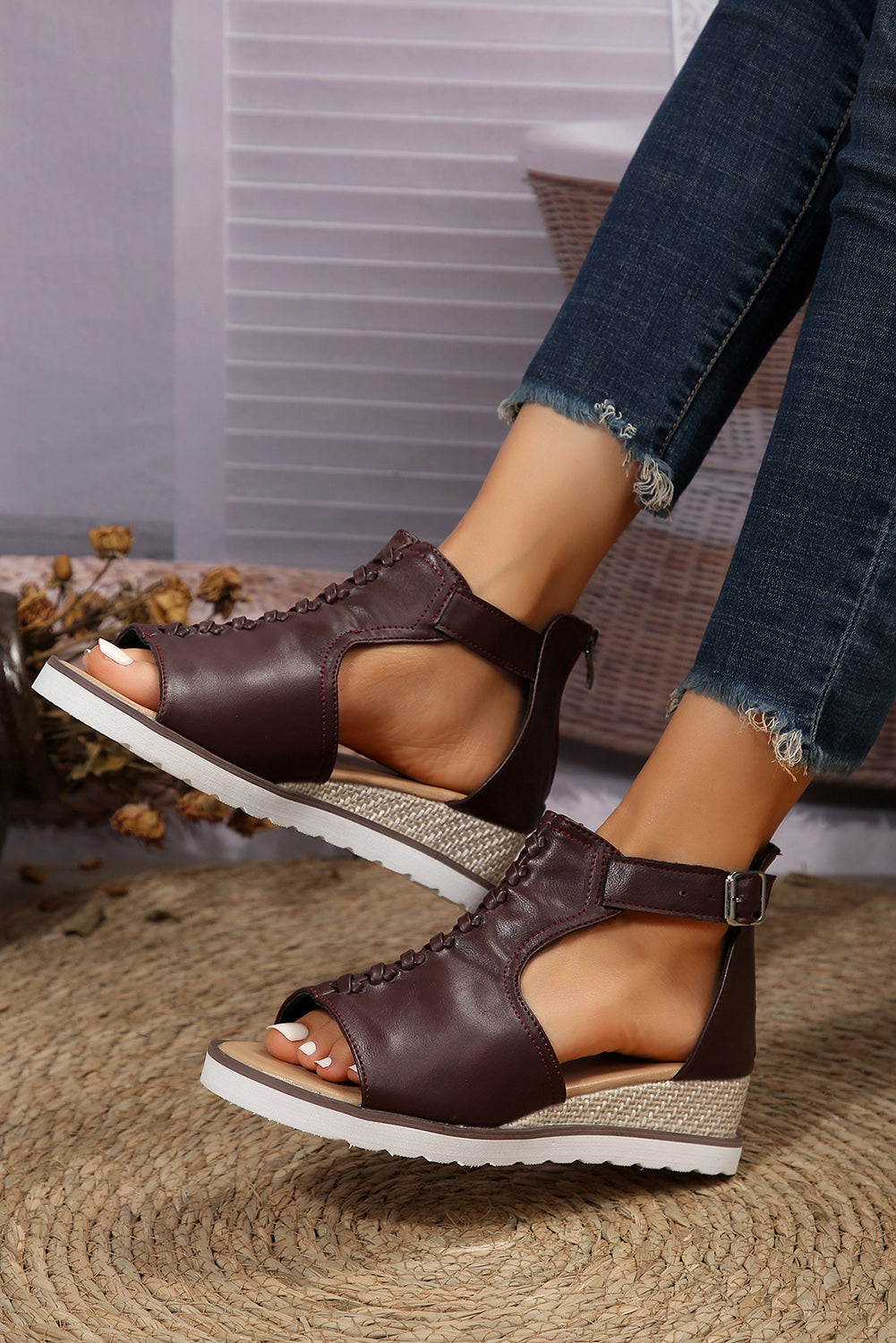 Brown PU Cutout Buckle Strap Platform Slides Shoes