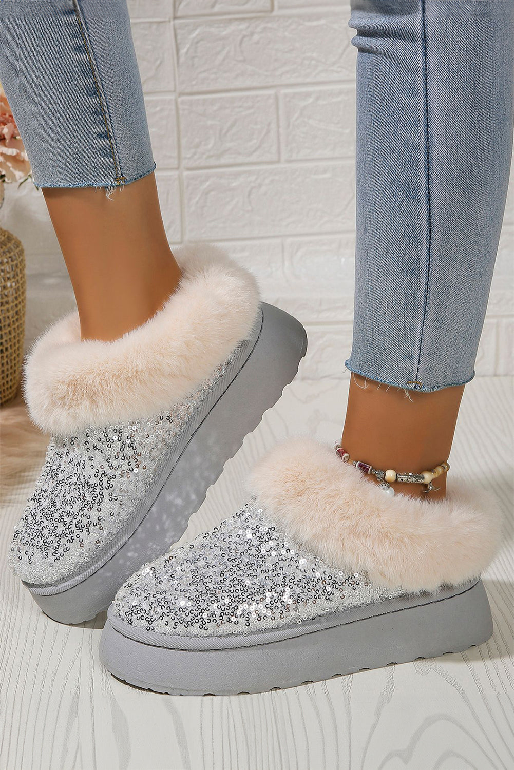 Gold Sequin Plush Lined Thick Sole Snow Boots