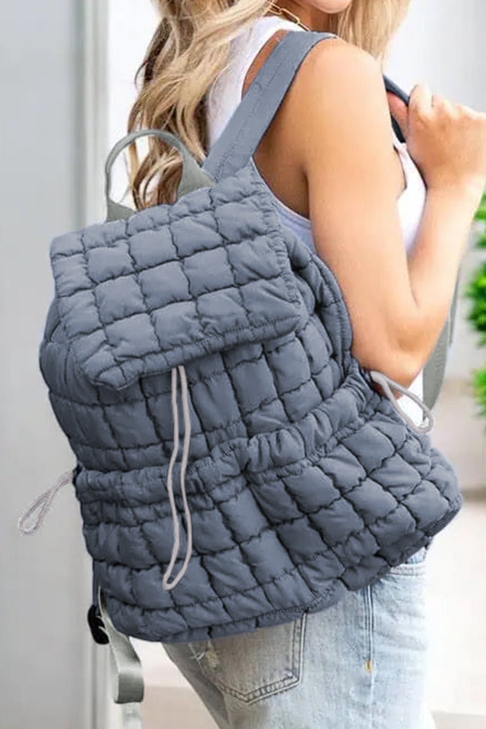 Coffee Solid Flapped Quilted Puffer Backpack