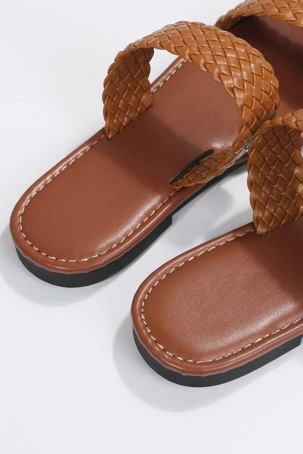 Chestnut Braided Double Band Leather Flat Slides Shoes