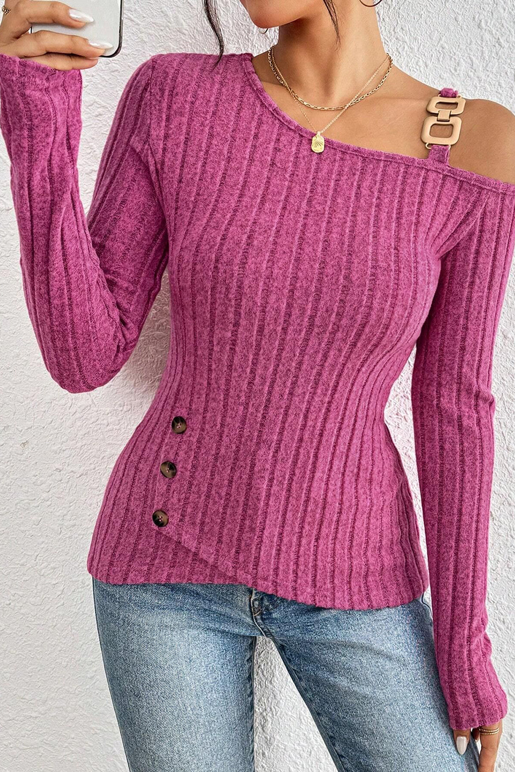 Bright Pink Solid Color Off Shoulder Asymmetrical Hem Long Sleeve Top