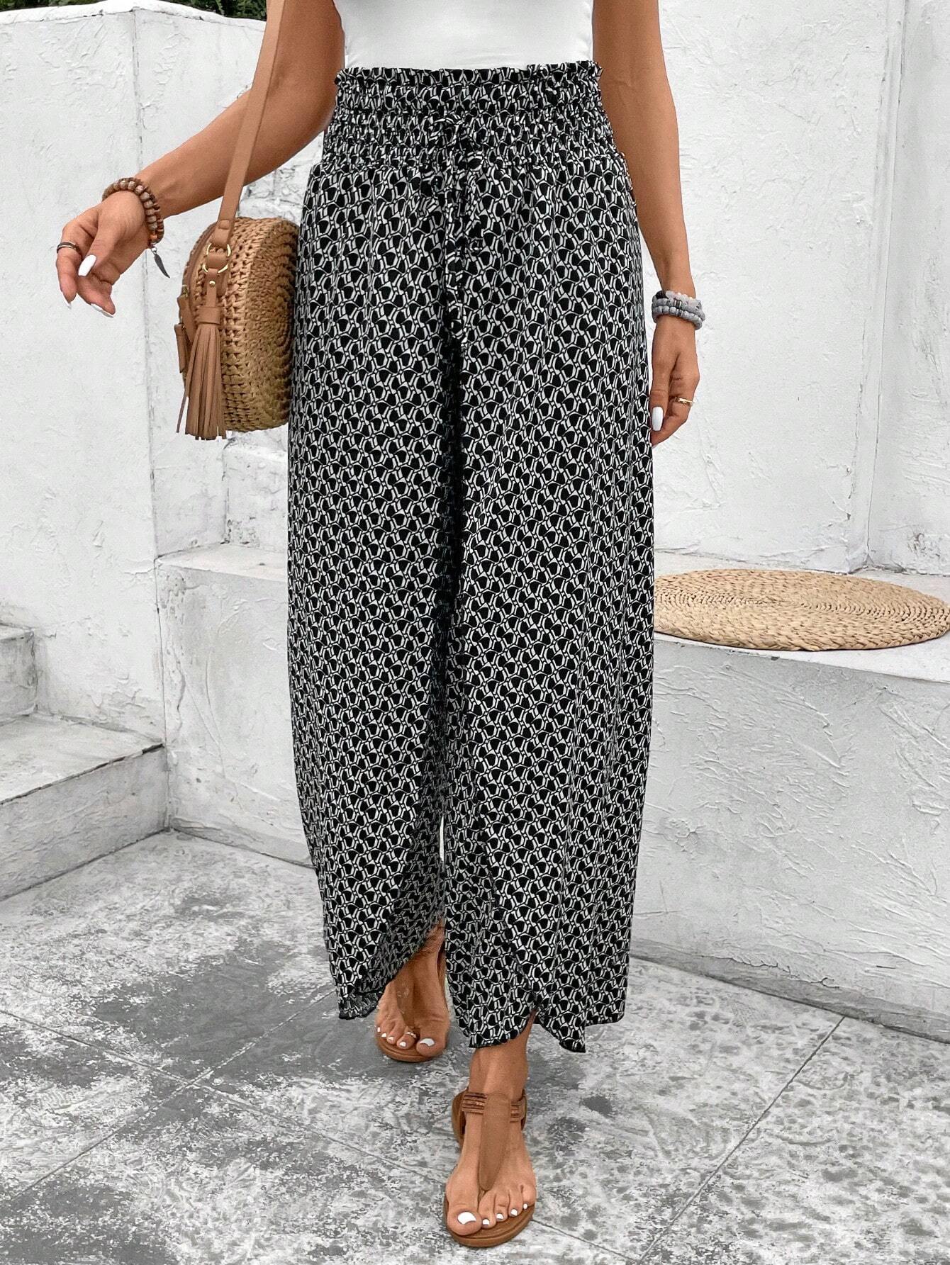 Black Floral Shirred Side Slit Wide Leg Pants