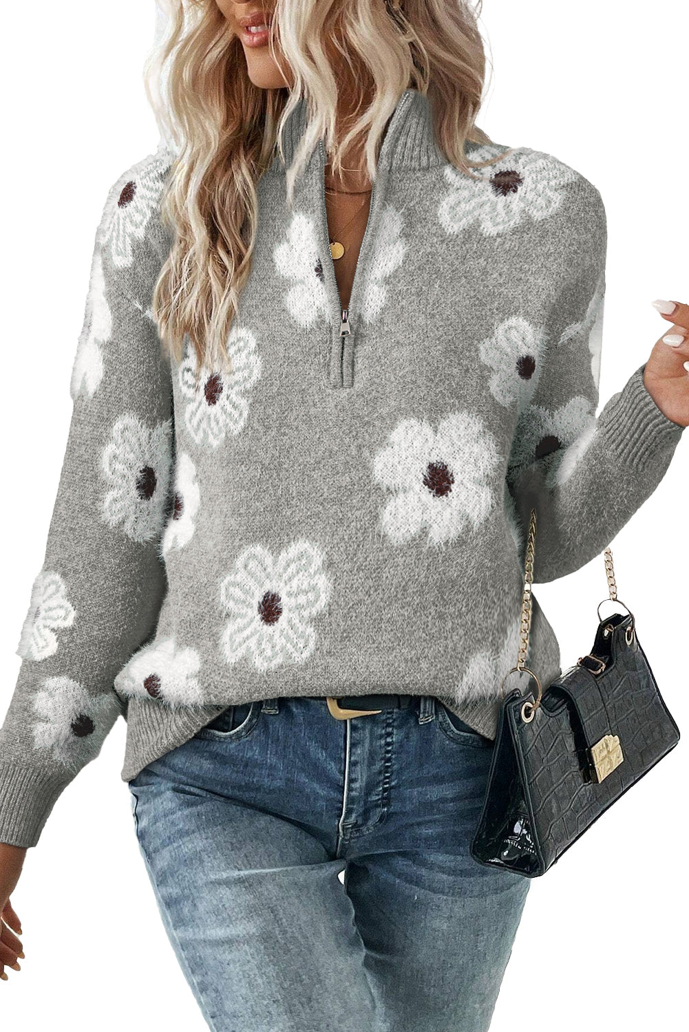 Pull gris vintage à motif floral des années 60 avec col demi-zippé et épaules tombantes