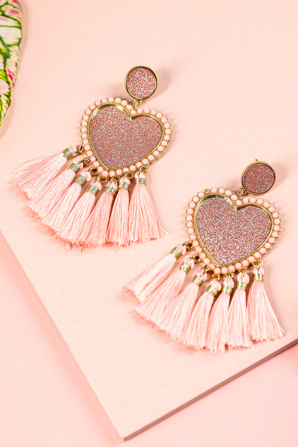 Light Pink Glitter Heart Shaped Tassel Valentine Earrings