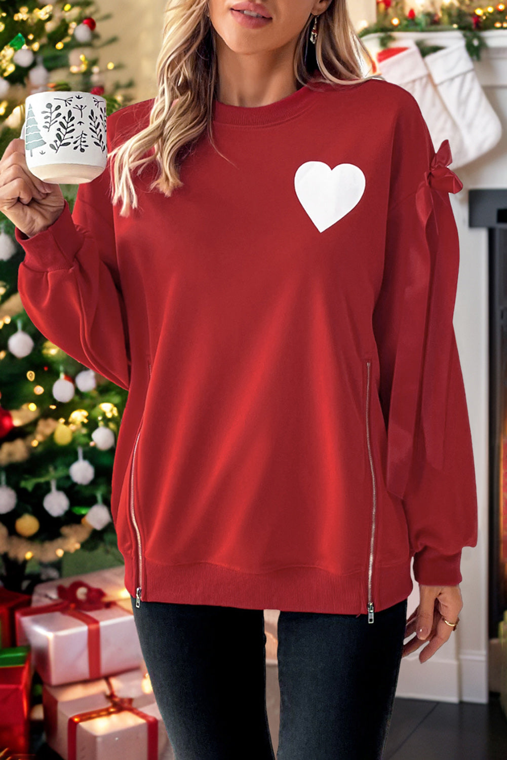 Red Colorblock Heart Print Bow Decor Sweatshirt