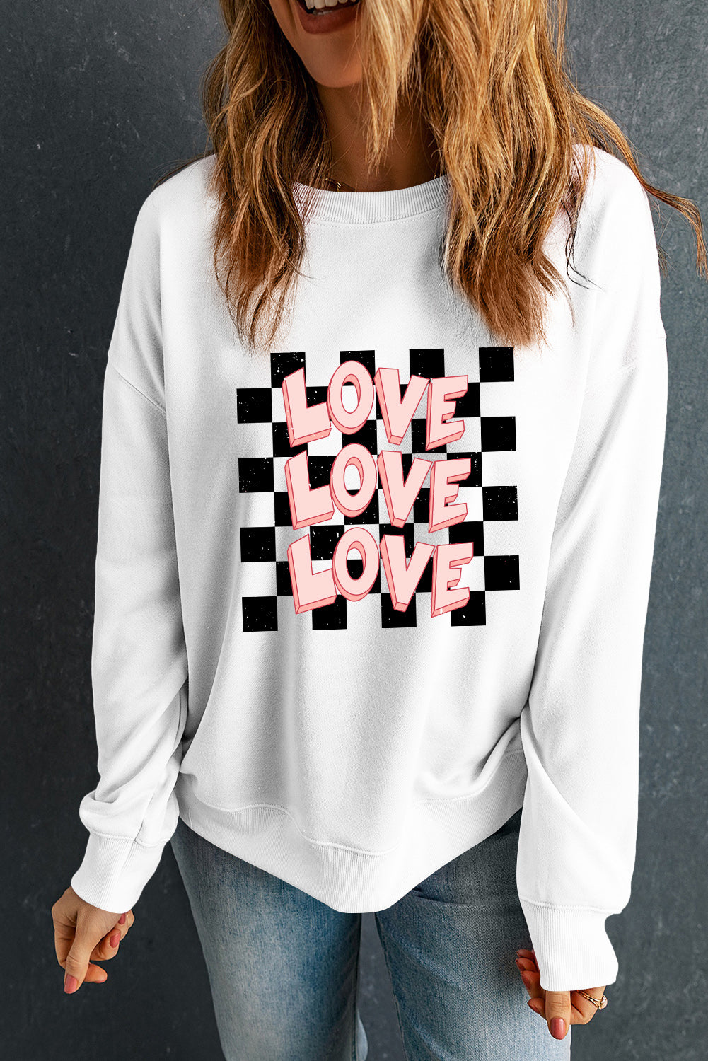 White Checkerboard LOVE Print Graphic Valentines Sweatshirt