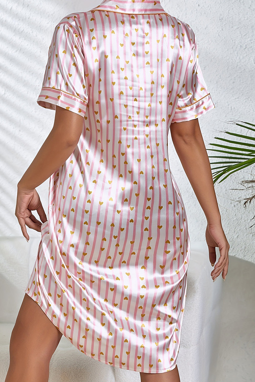 Pink Heart Print Striped Short Sleeve Button Up Pajama Dress