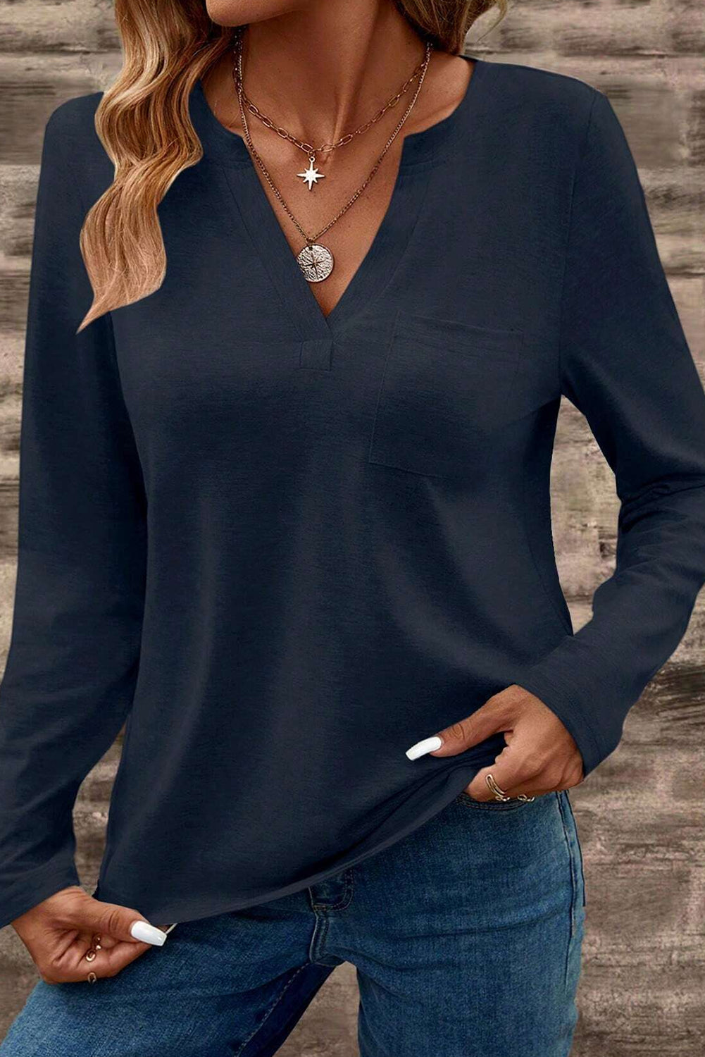 Dirty Blue Pocketed Notch V Neck Plain Top