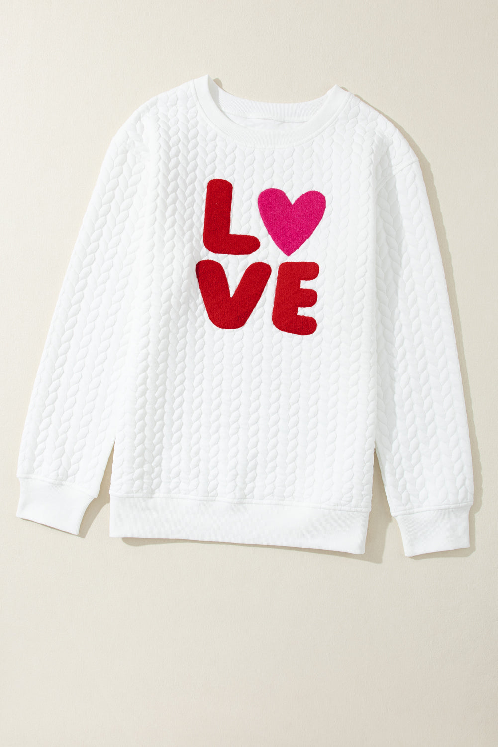 White XOXO Chenille Letter Patch Quilted Sweatshirt