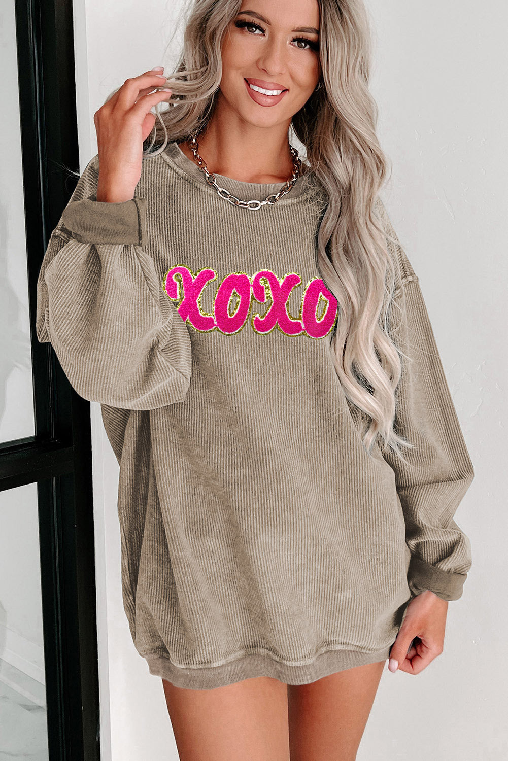 Khaki Corded xoxo Chenille Glitter Patches Graphic Sweatshirt