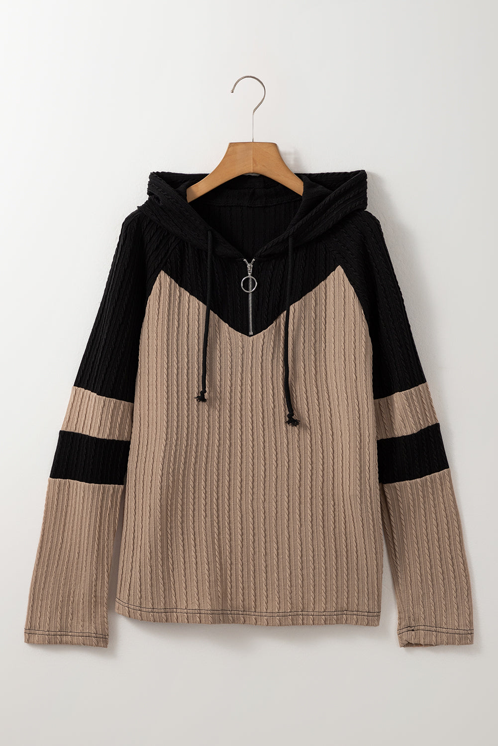 Parchment Textured Patchwork Long Sleeve Hooded Top