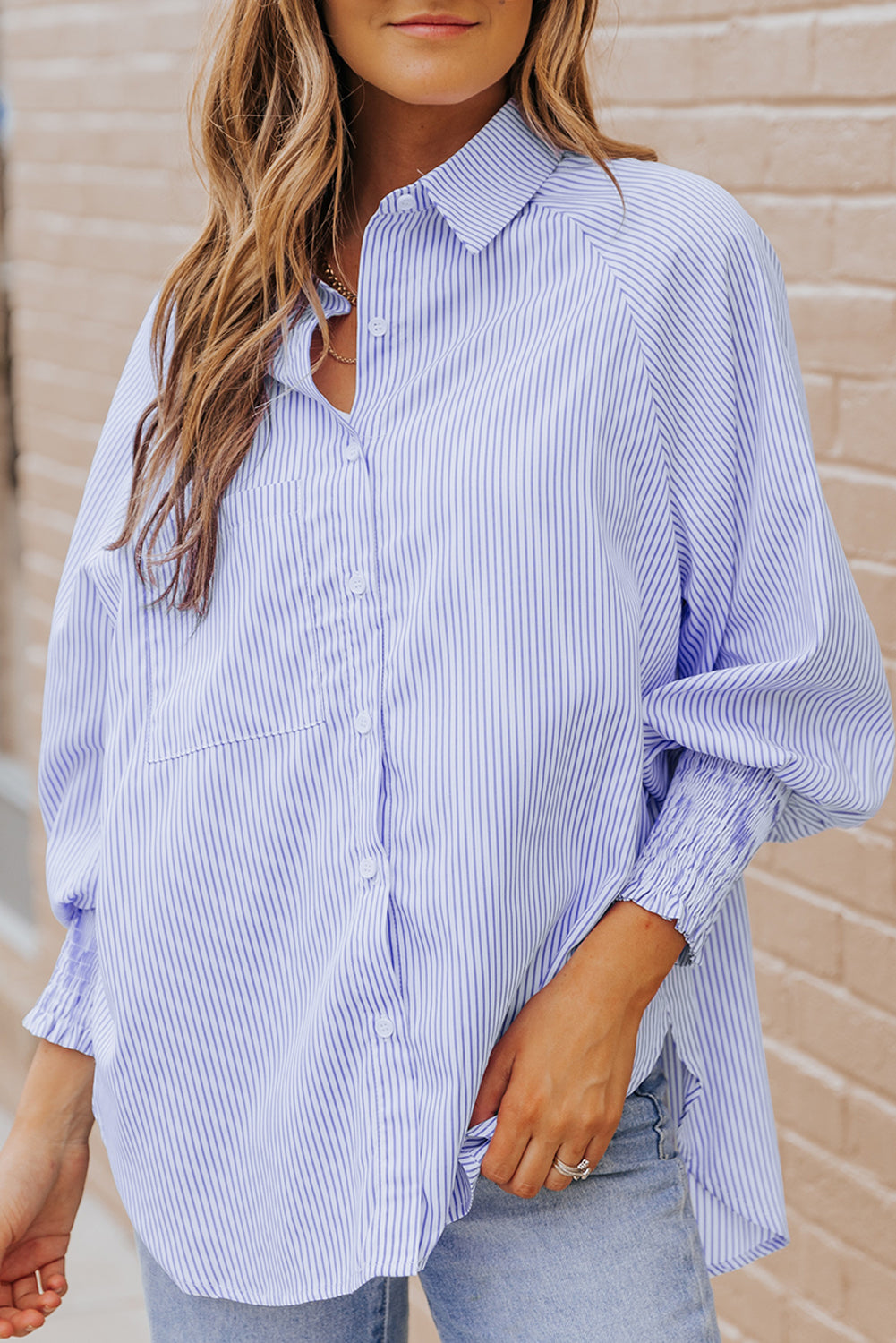 Light Blue Casual Striped Shirred Cuffs Shirt