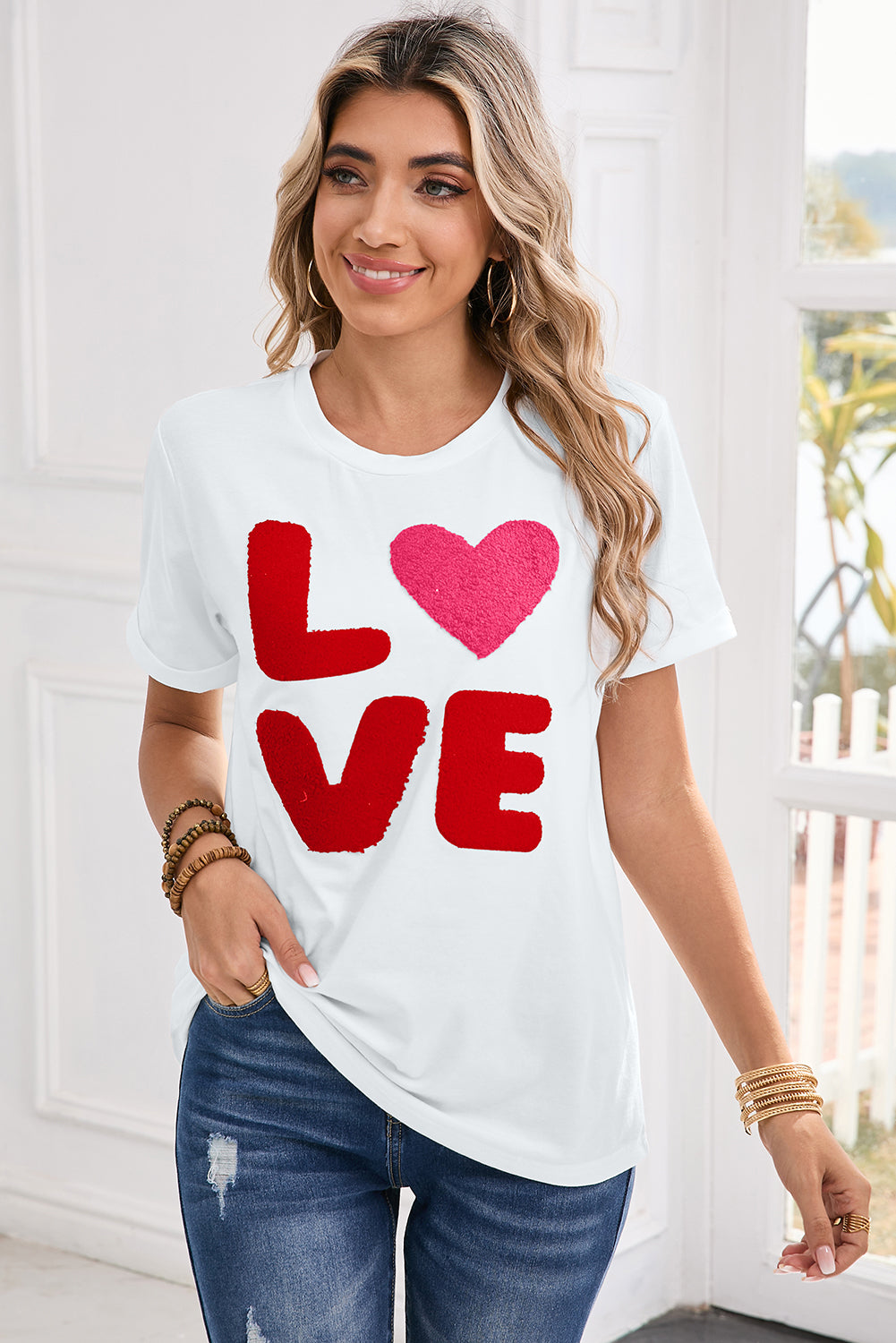 White Heart LOVE Graphic Valentines Crewneck Tee