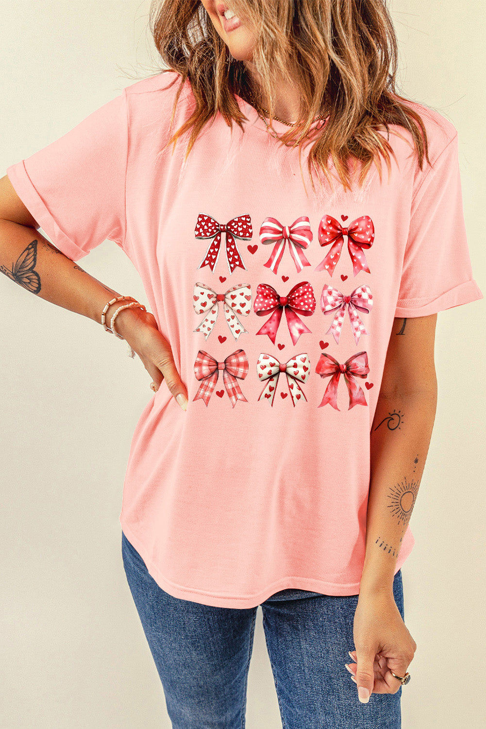 Pink Cute Heart Bow Graphic Round Neck Valentines T Shirt