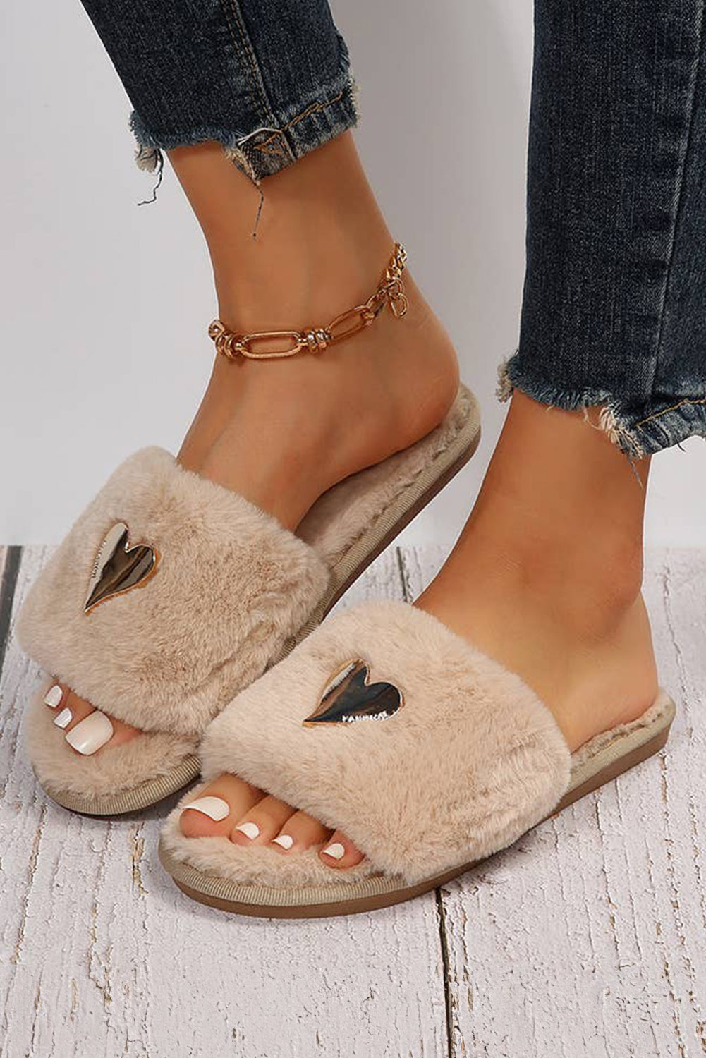 Black Heart Open Toe Plush Slippers