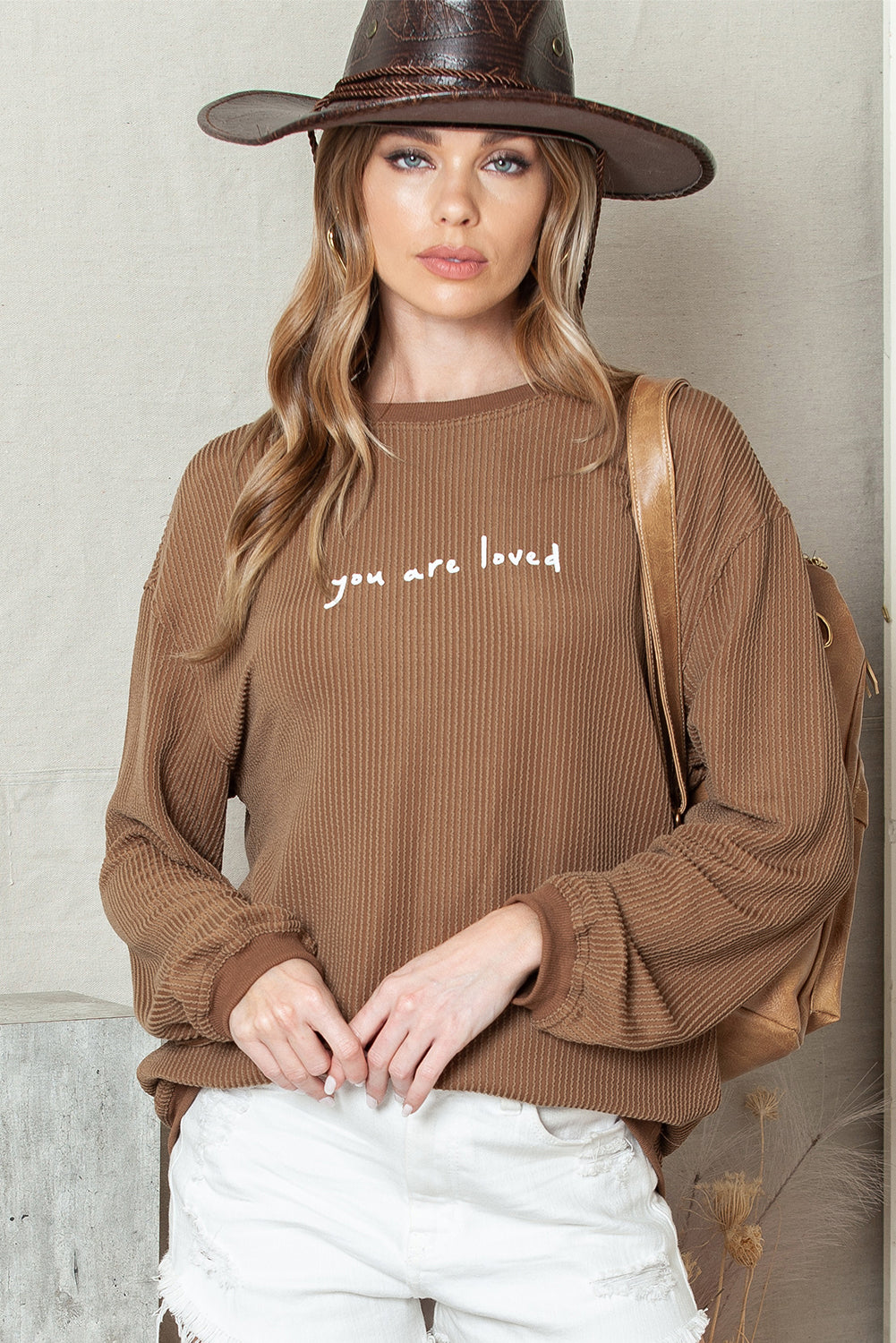 Khaki You Are Loved Print Crinkle Rib Sweatshirt