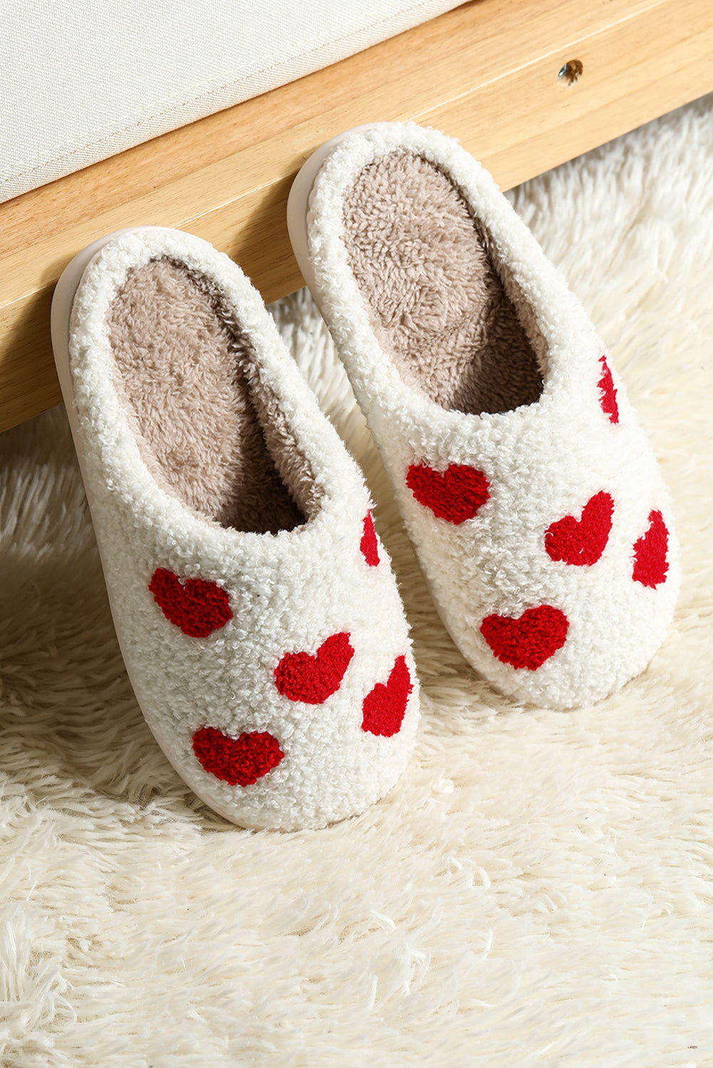 White Valentines Day Hearts Print Plush Slippers