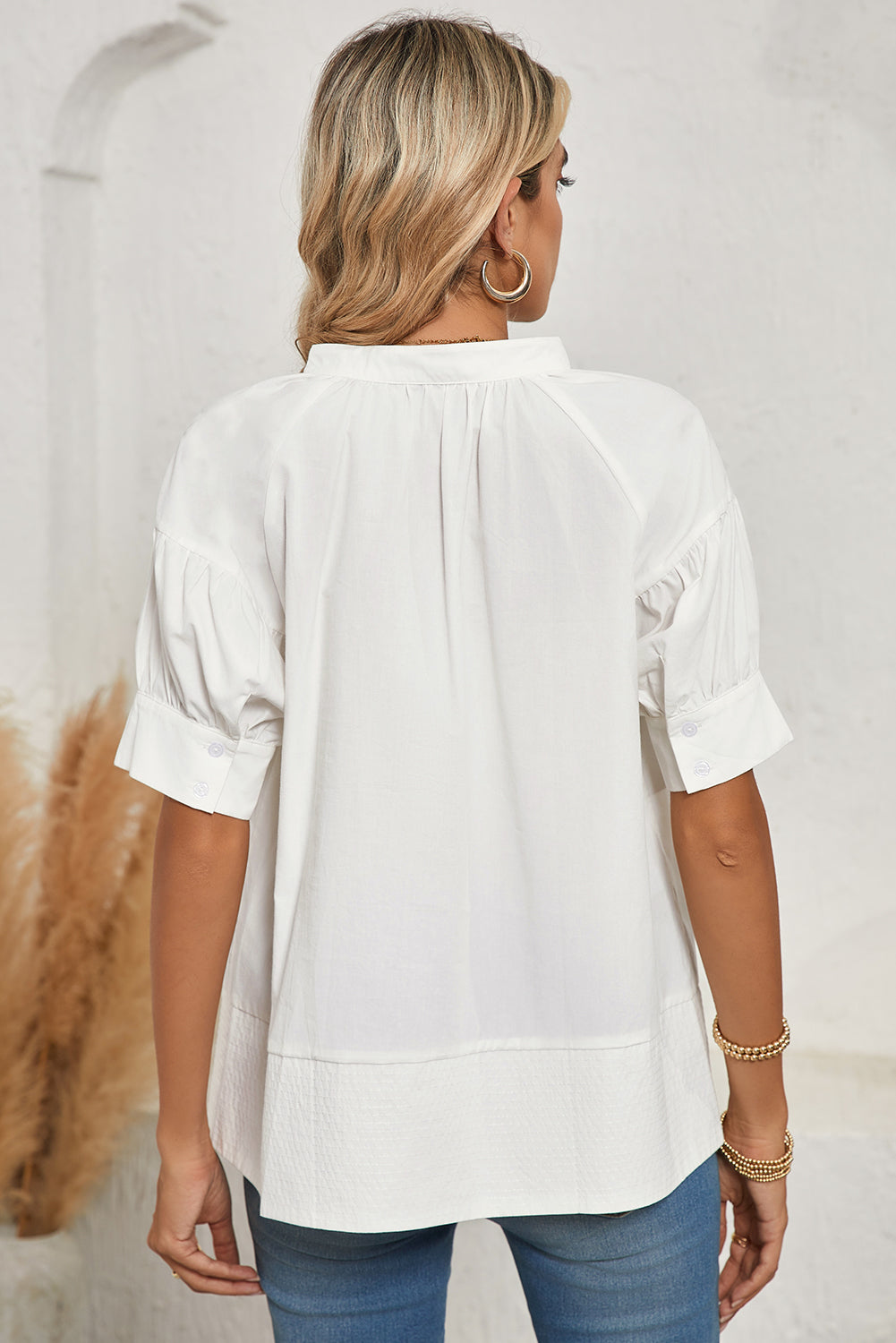 White Solid Color Ruched Bubble Sleeve V Neck Shirt