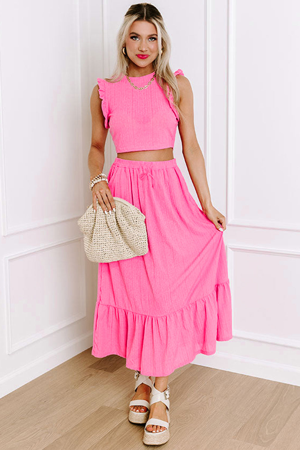 Bonbon Textured Ruffle Trim Crop Top and Drawstring Skirt Set