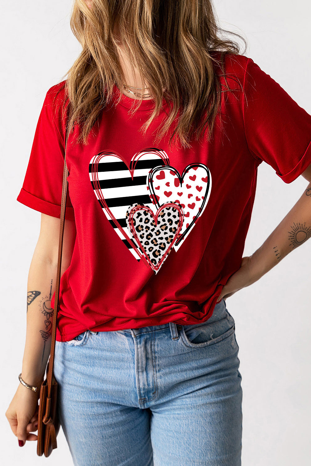 Red Leopard Striped Heart Print Graphic Crew Neck T Shirt