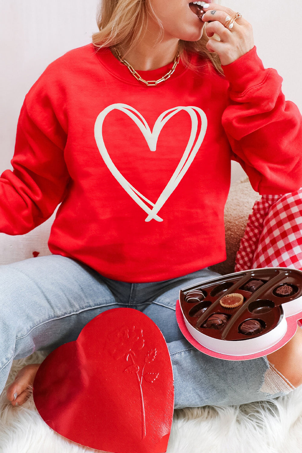 Red Double Heart Print Valentines Drop Shoulder Sweatshirt