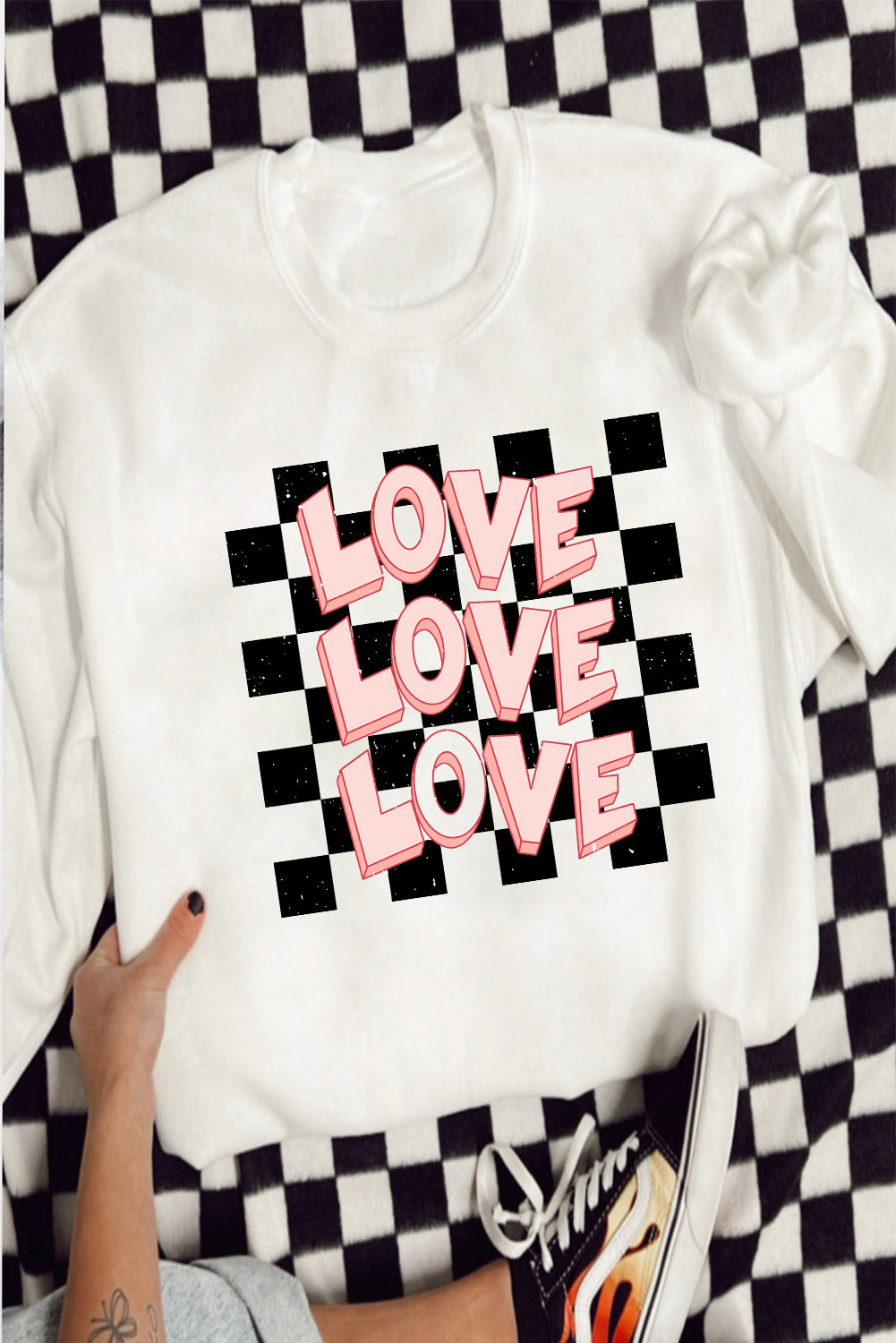 White Checkerboard LOVE Print Graphic Valentines Sweatshirt