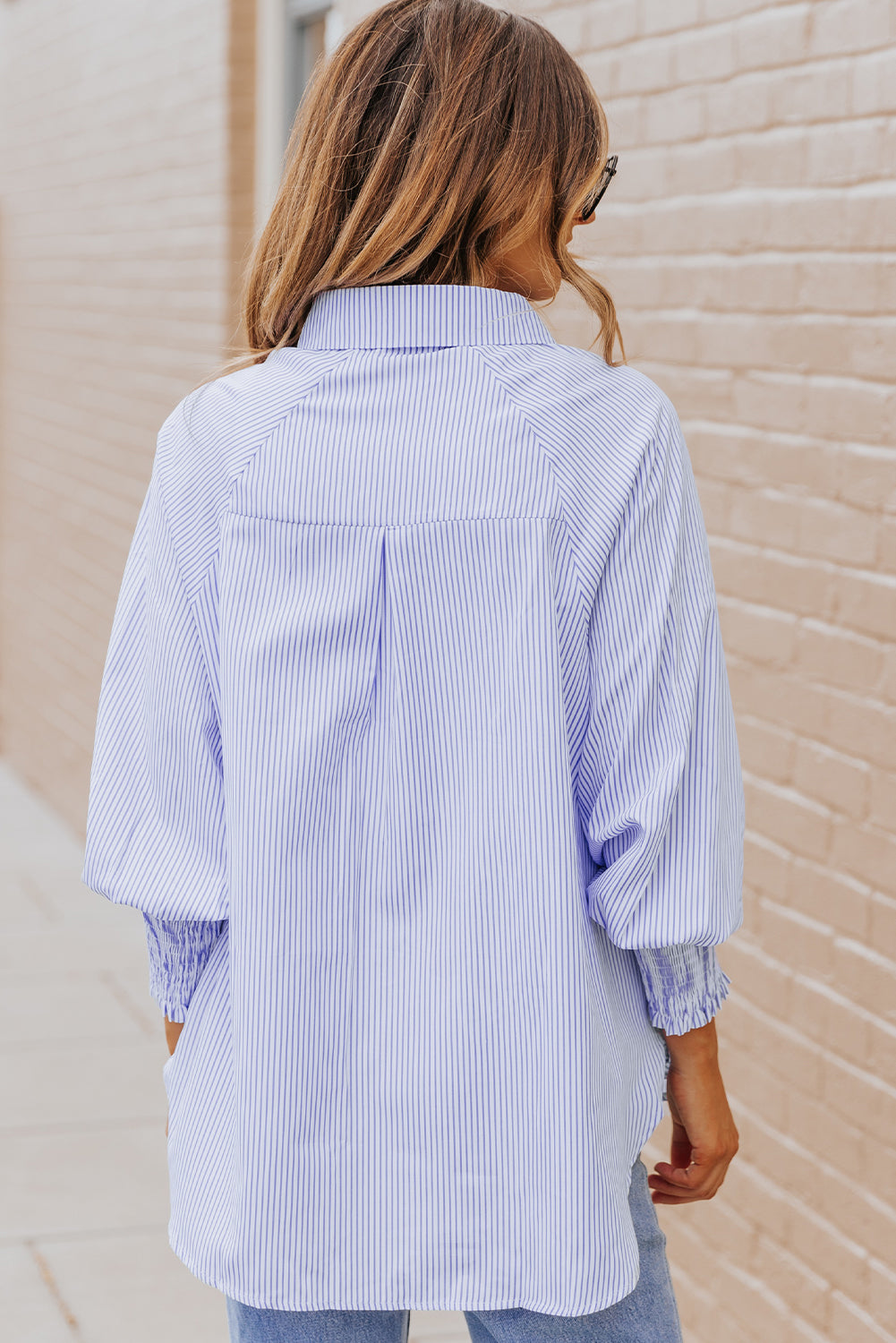 Light Blue Casual Striped Shirred Cuffs Shirt