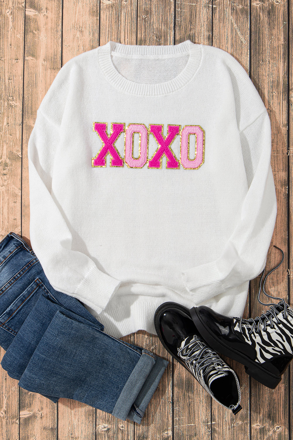 White XOXO Chenille Letter Round Neck Casual Sweater