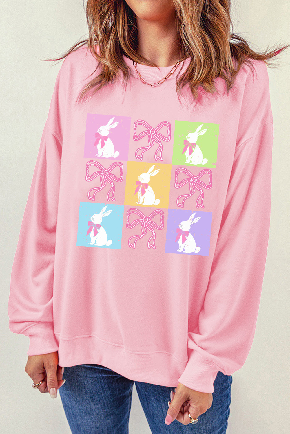 Sweat-shirt à imprimé graphique à carreaux avec nœud de lapin de Pâques rose